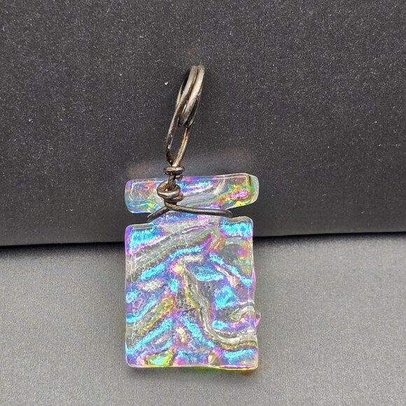 Handmade Dichroic Glass Pendant 1.25x.625" Iridescent Wavy Design Wire Wrapped - Picture 5 of 7